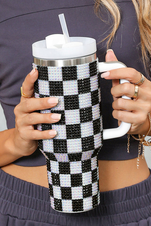 Rhinestone Encrusted Checkered Pattern Handled Tumbler