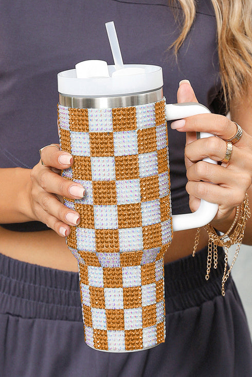 Rhinestone Encrusted Checkered Pattern Handled Tumbler