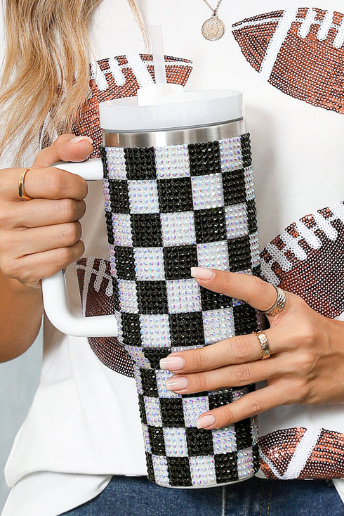 Rhinestone Encrusted Checkered Pattern Handled Tumbler