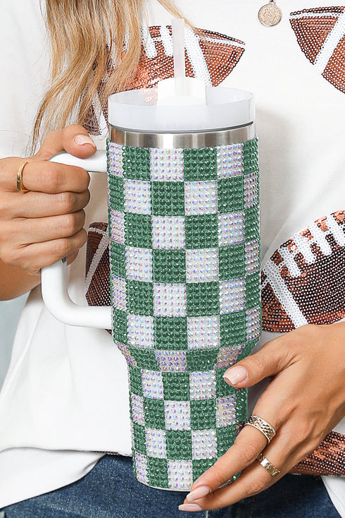Rhinestone Encrusted Checkered Pattern Handled Tumbler