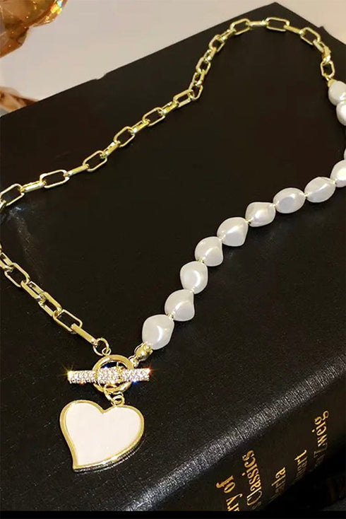 Rhinestone Encrusted Heart Pendant Faux Pearl Necklace