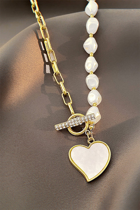 Rhinestone Encrusted Heart Pendant Faux Pearl Necklace