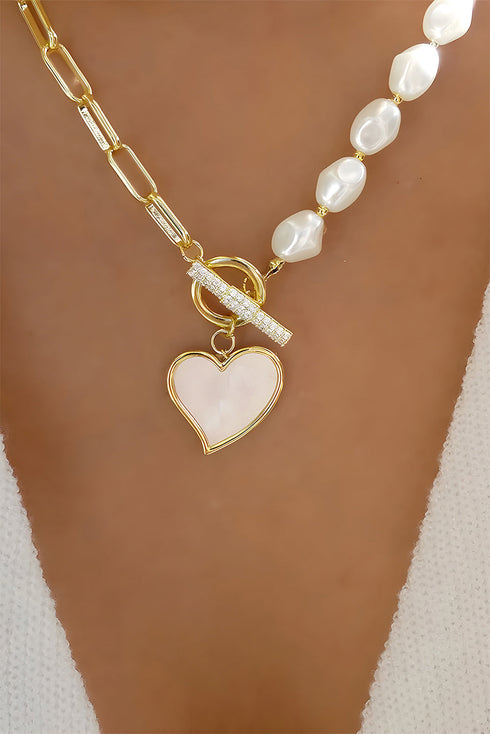 Rhinestone Encrusted Heart Pendant Faux Pearl Necklace