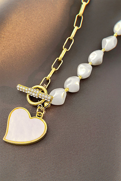 Rhinestone Encrusted Heart Pendant Faux Pearl Necklace