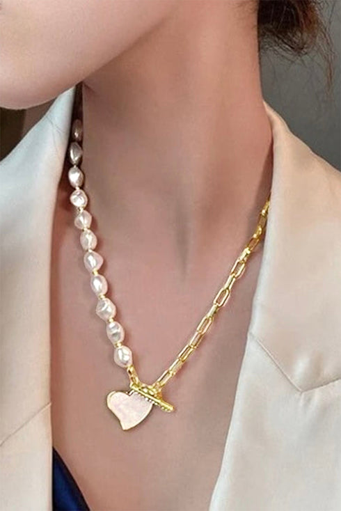 Rhinestone Encrusted Heart Pendant Faux Pearl Necklace