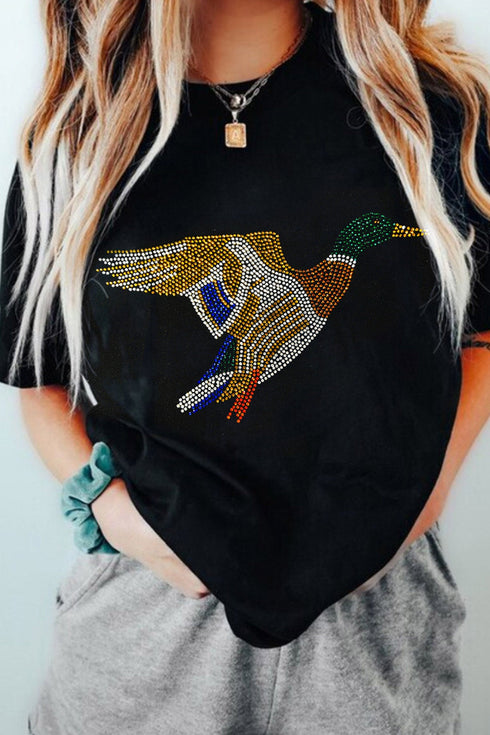 Rhinestone Flying Mallard Graphic Round Neck T Shirt