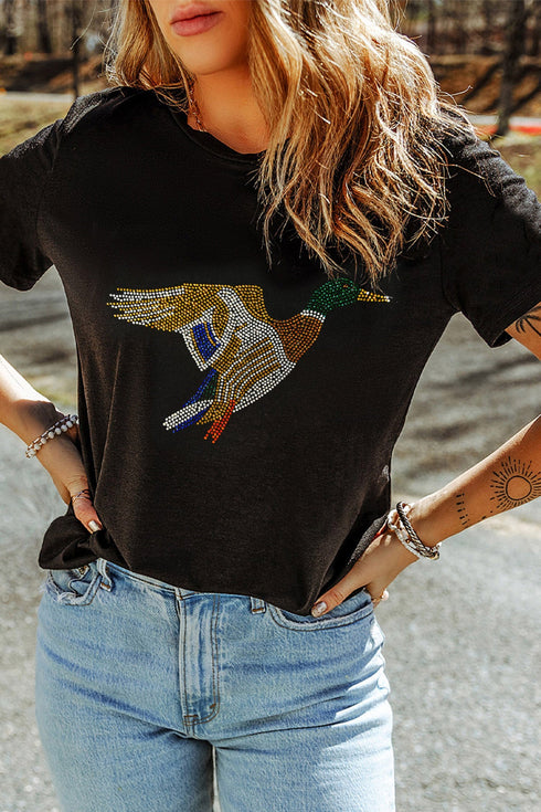 Rhinestone Flying Mallard Graphic Round Neck T Shirt
