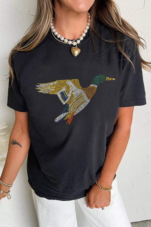 Rhinestone Flying Mallard Graphic Round Neck T Shirt