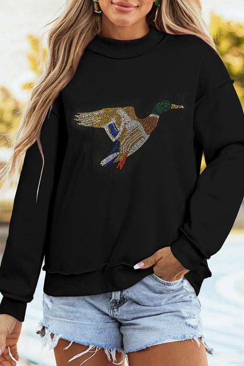 Rhinestone Flying Mallard Mock Neck Tunic Sweatshirt