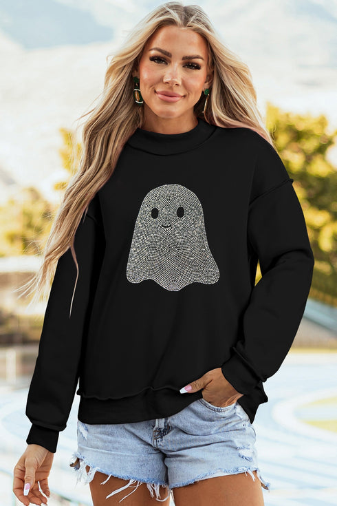 Rhinestone Ghost Exposed Seam Mock Neck Pullover Sweatshirt