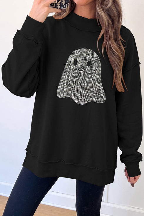 Rhinestone Ghost Exposed Seam Mock Neck Pullover Sweatshirt