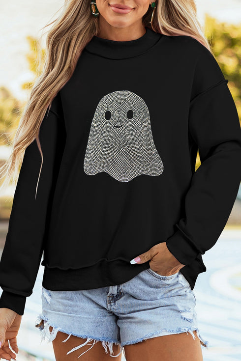 Rhinestone Ghost Exposed Seam Mock Neck Pullover Sweatshirt