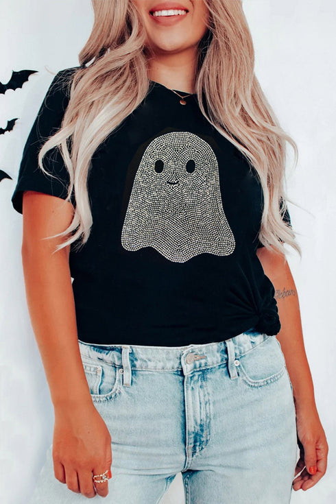 Rhinestone Ghost Motif Embellished Graphic T Shirt