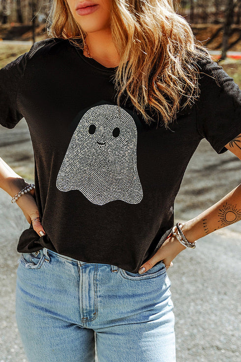 Rhinestone Ghost Motif Embellished Graphic T Shirt