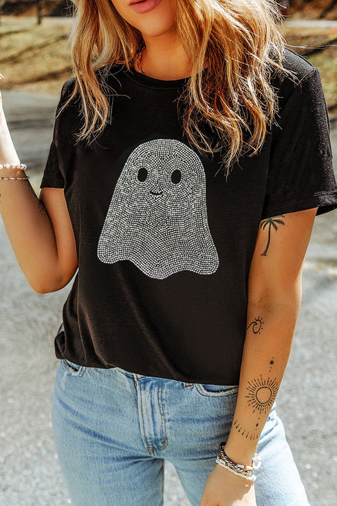 Rhinestone Ghost Motif Embellished Graphic T Shirt