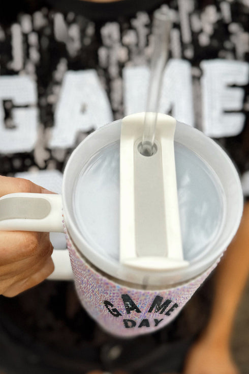 Rhinestone Handle Football Graphic Alloy Travel Tumbler