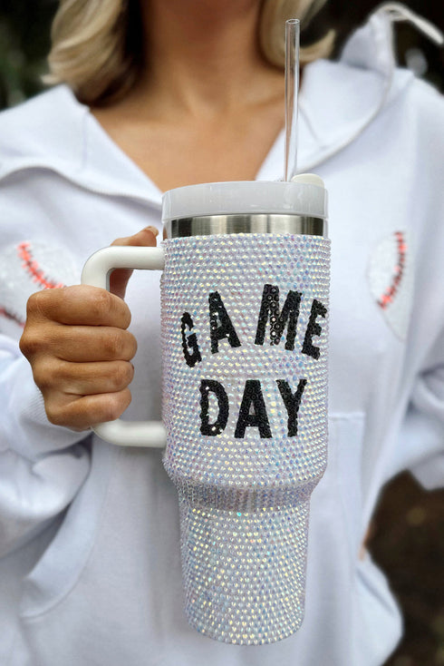 Rhinestone Handle Football Graphic Alloy Travel Tumbler