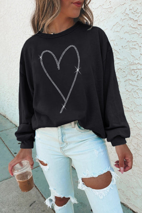 Rhinestone Heart Graphic Oversized Crew Neck Pullover Sweatshirt
