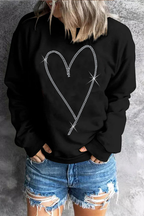 Rhinestone Heart Graphic Oversized Crew Neck Pullover Sweatshirt