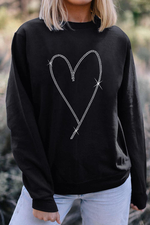 Rhinestone Heart Graphic Oversized Crew Neck Pullover Sweatshirt