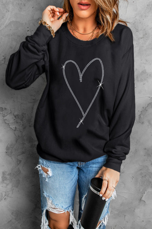 Rhinestone Heart Graphic Oversized Crew Neck Pullover Sweatshirt