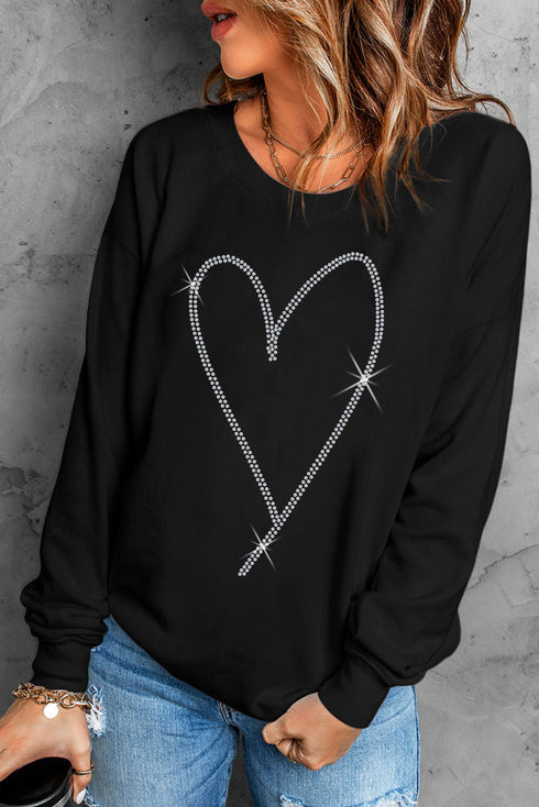 Rhinestone Heart Graphic Oversized Crew Neck Pullover Sweatshirt