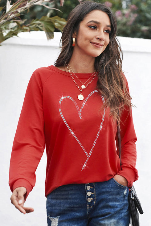 Rhinestone Heart Graphic Relaxed Fit Pullover Sweatshirt