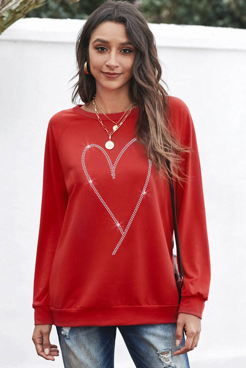 Rhinestone Heart Graphic Relaxed Fit Pullover Sweatshirt