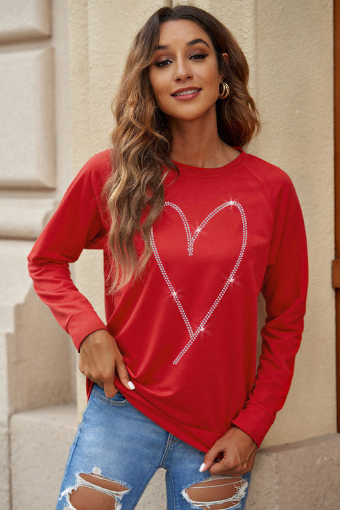 Rhinestone Heart Graphic Relaxed Fit Pullover Sweatshirt