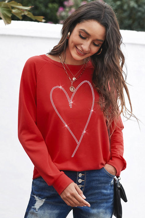 Rhinestone Heart Graphic Relaxed Fit Pullover Sweatshirt