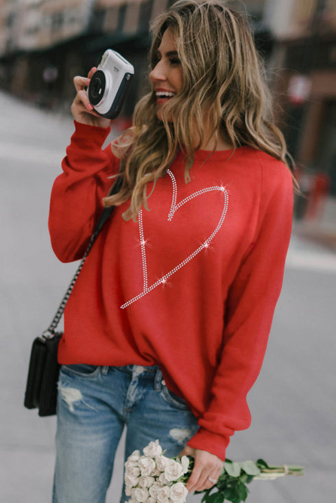 Rhinestone Heart Graphic Relaxed Fit Pullover Sweatshirt