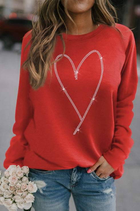 Rhinestone Heart Graphic Relaxed Fit Pullover Sweatshirt