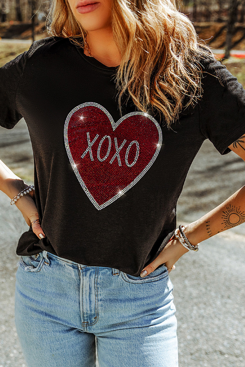 Rhinestone Heart Graphic Short Sleeve Crewneck Tee