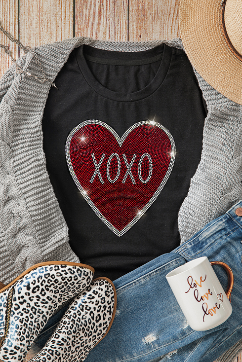 Rhinestone Heart Graphic Short Sleeve Crewneck Tee