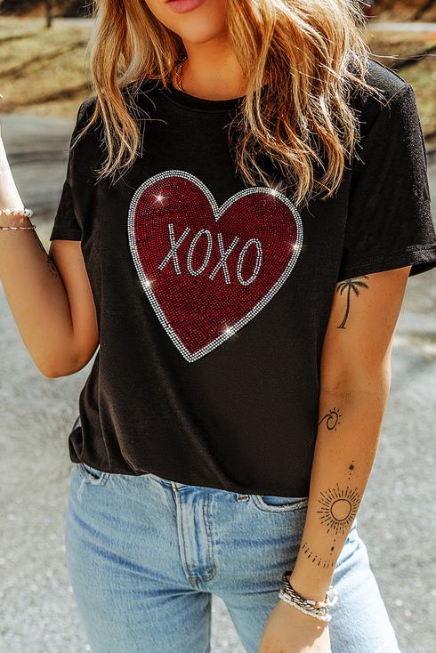 Rhinestone Heart Graphic Short Sleeve Crewneck Tee