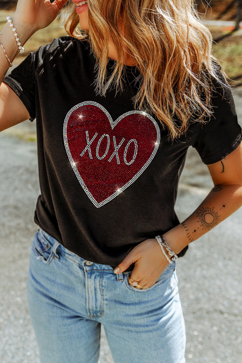 Rhinestone Heart Graphic Short Sleeve Crewneck Tee