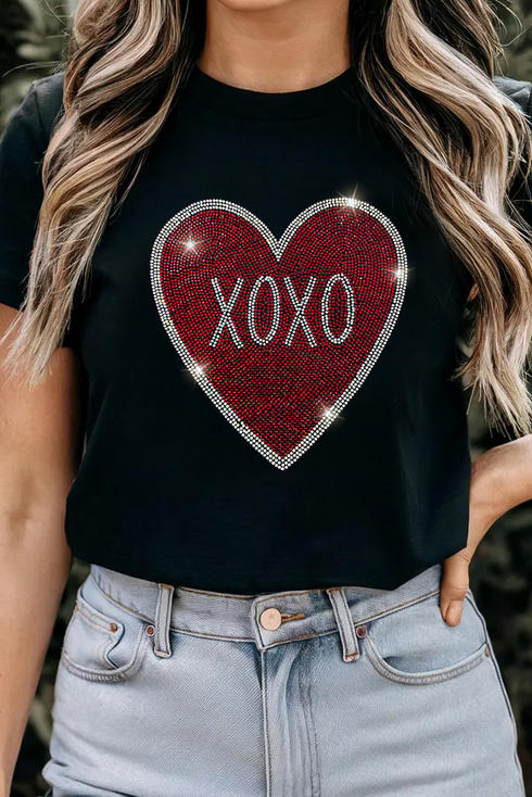 Rhinestone Heart Graphic Short Sleeve Crewneck Tee
