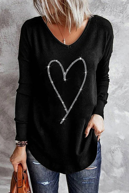 Rhinestone Heart Graphic V Neck Long Sleeve Top