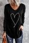 Rhinestone Heart Graphic V Neck Long Sleeve Top