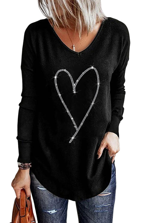 Rhinestone Heart Graphic V Neck Long Sleeve Top