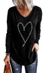 Rhinestone Heart Graphic V Neck Long Sleeve Top