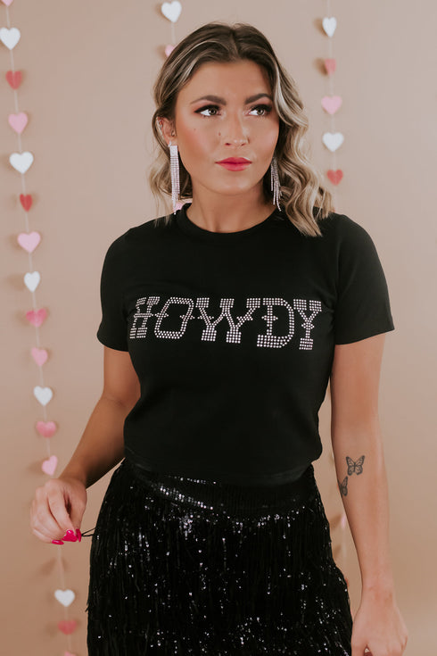 Rhinestone Howdy Graphic Slim Fit Crew Neck Tee