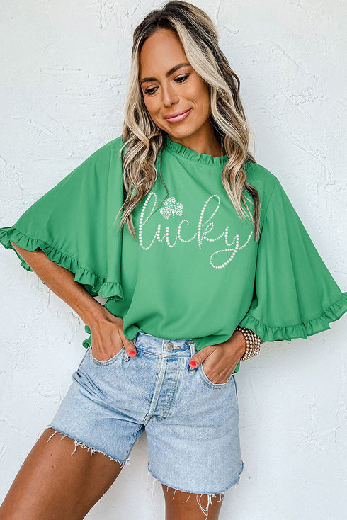 Rhinestone Lucky Graphic Tiered Bell Sleeve Blouse