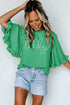 Rhinestone Lucky Graphic Tiered Bell Sleeve Blouse