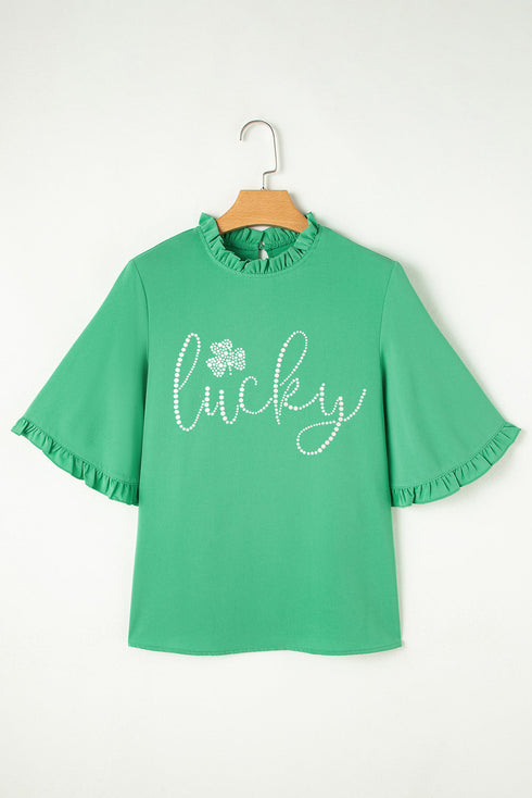 Rhinestone Lucky Graphic Tiered Bell Sleeve Blouse