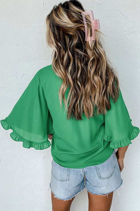 Rhinestone Lucky Graphic Tiered Bell Sleeve Blouse