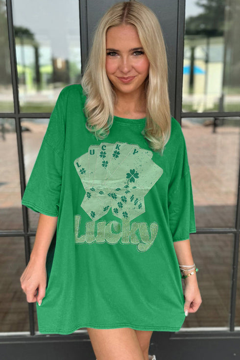 Rhinestone Lucky Poker Cards Oversized T Shirt Mini Dress