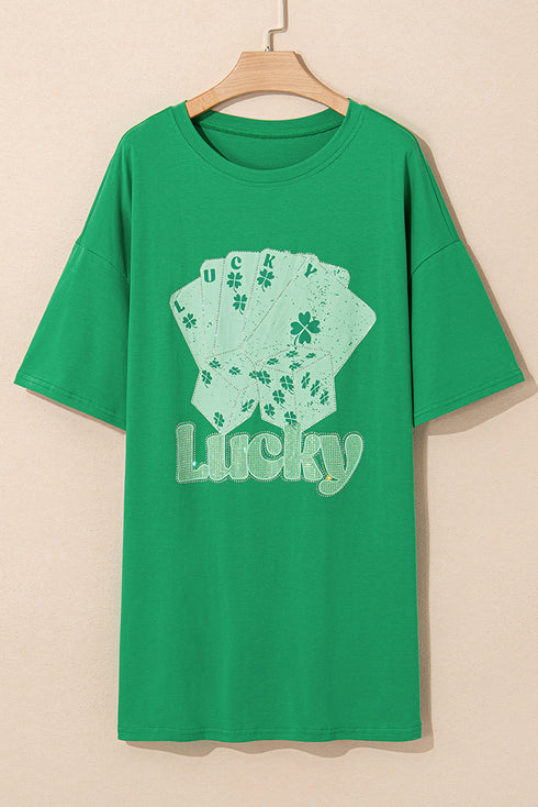 Rhinestone Lucky Poker Cards Oversized T Shirt Mini Dress