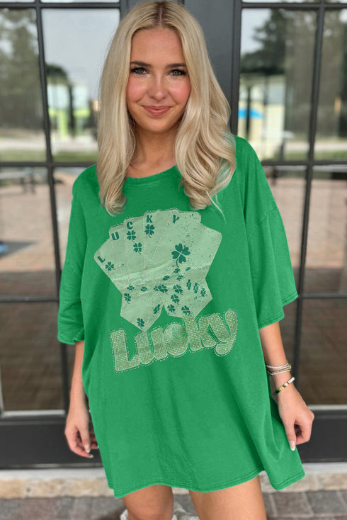 Rhinestone Lucky Poker Cards Oversized T Shirt Mini Dress