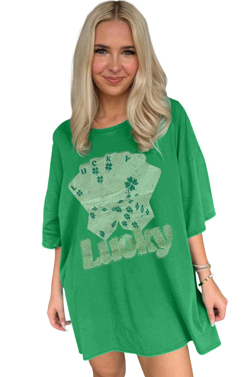 Rhinestone Lucky Poker Cards Oversized T Shirt Mini Dress